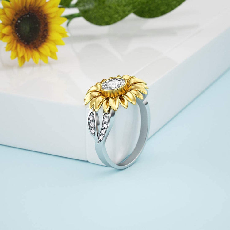 925 Sterling Silver Golden Sunflower Ring with Zircon