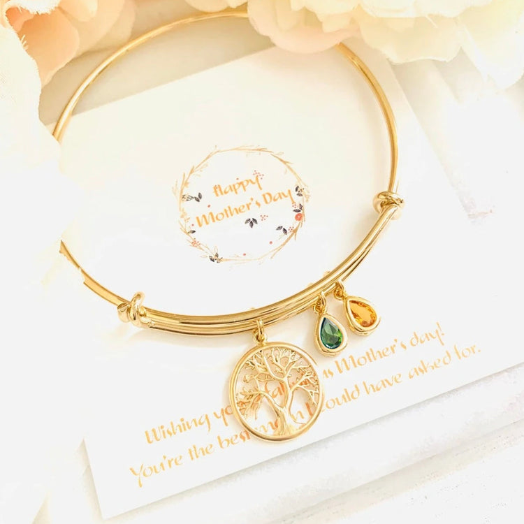 925 Sterling Silver Family Tree Bangle With Birthstone