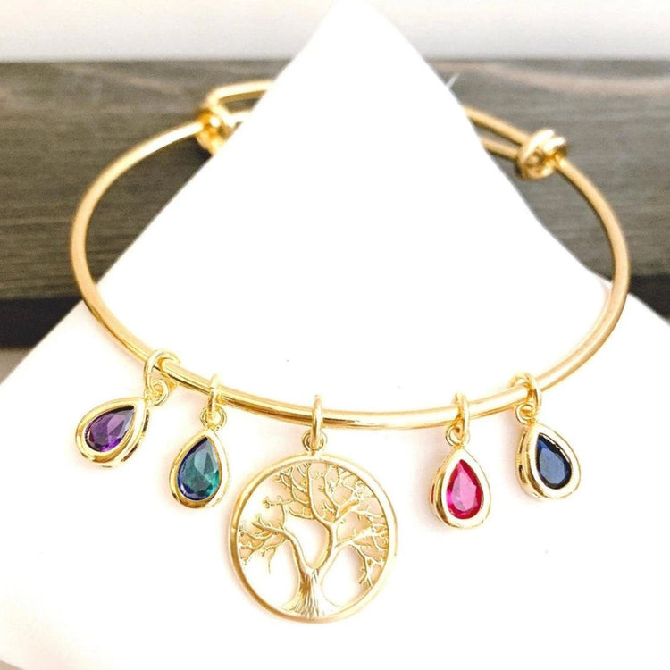 925 Sterling Silver Family Tree Bangle With Birthstone