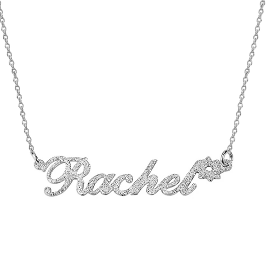 925 Sterling Silver Diamond Name Necklace With Flower, Nameplated Sparkling Necklace