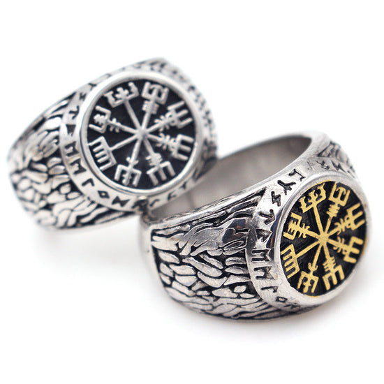 Stainless Steel Vintage Compass Ring Viking Vegvísir Ring Men Pagan Jewelry - onlyone