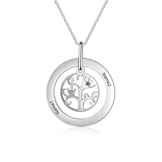 925 Sterling Silver Multi-Name Family Tree Necklace With Birthstone