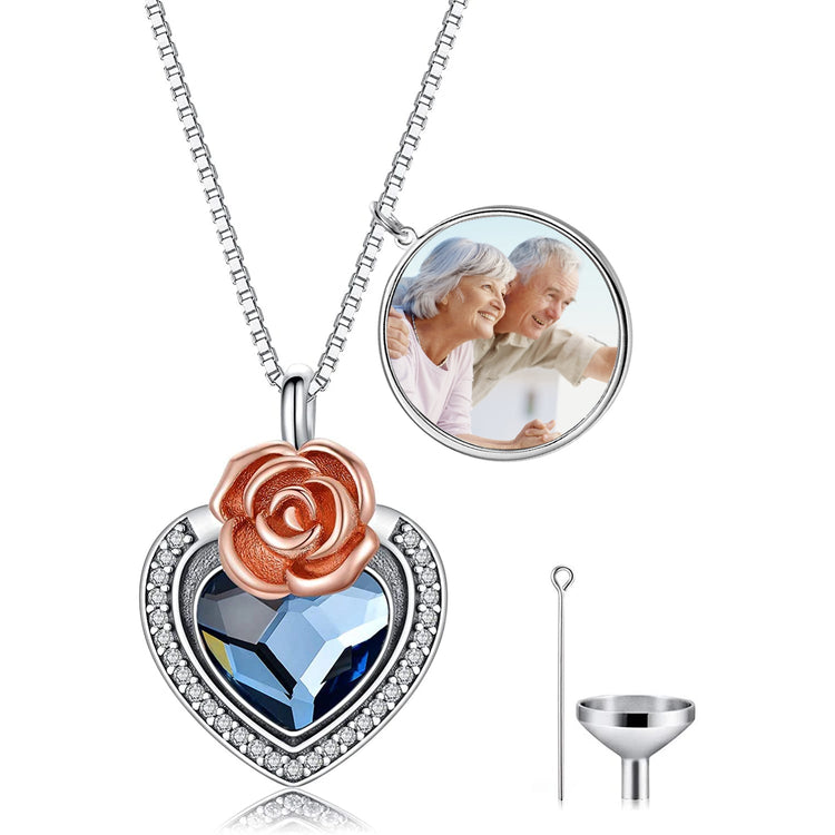 925 Sterling Silver Heart Flower Urn Necklace for Ashes, Cremation Keepsake Necklace with Crystal