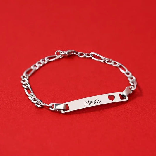 925 Sterling Silver Personalized Bar Bracelet, Figaro Link Bracelet - onlyone