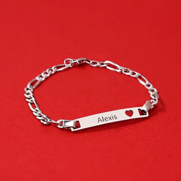 925 Sterling Silver Personalized Bar Bracelet, Figaro Link Bracelet - onlyone