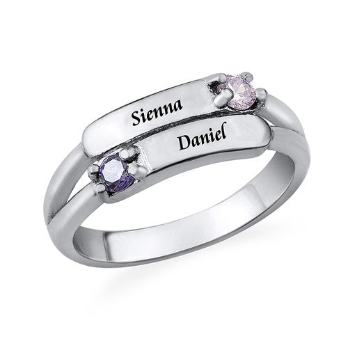 925 Sterling Silver Double Birthstone Ring with Engraving - onlyone