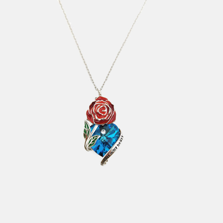 Rose Necklace with Heart Shaped Blue Crystal