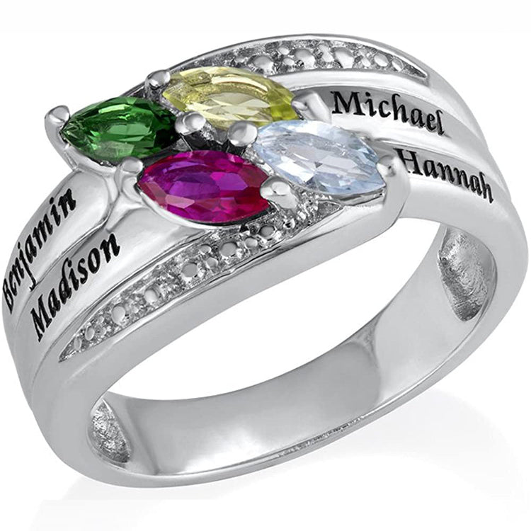 925 Sterling Silver Engraved Mothers Ring With 4 Birthstones and Names - onlyone