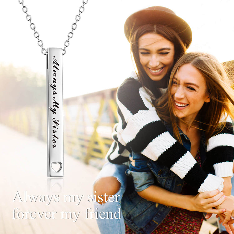 925 Sterling Silver 2 Sides Engraved Vertical Bar Necklace Gift For Sisters. Always My Sister, Forever My Friend - onlyone