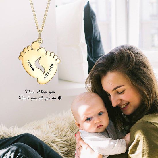 925 Sterling Silver Engraved Baby Feet Double Name Necklace Nameplate Necklace, Gift For Mom - onlyone