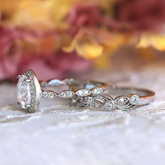 2.20 cttw Vintage Oval Halo Engagement Ring Leaf & Vine Art Deco Bridal Set Ring - onlyone