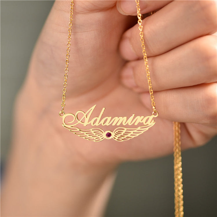 925 Sterling Silver Angel Wings Name Necklace Nameplate Necklace With Birthstone - onlyone