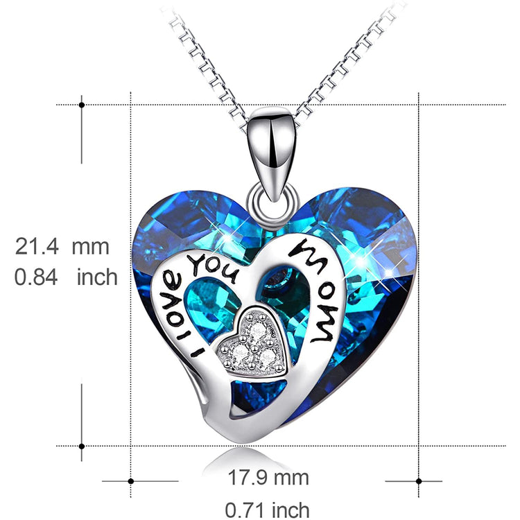 925 Sterling Silver I Love You Mom Heart Crystal Pandent Necklace