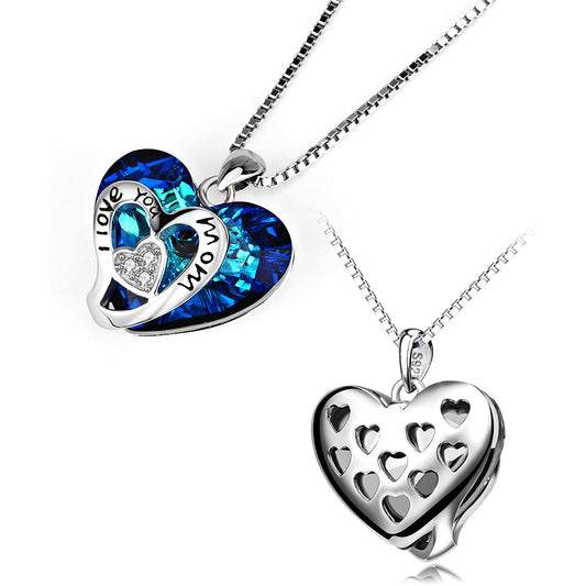 925 Sterling Silver I Love You Mom Heart Crystal Pandent Necklace