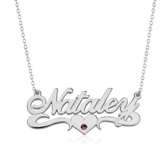 925 Sterling Silver Birthstone Heart Name Necklace Nameplate Necklace - onlyone