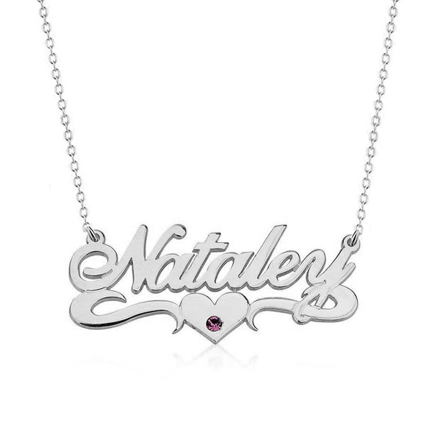 925 Sterling Silver Birthstone Heart Name Necklace Nameplate Necklace - onlyone