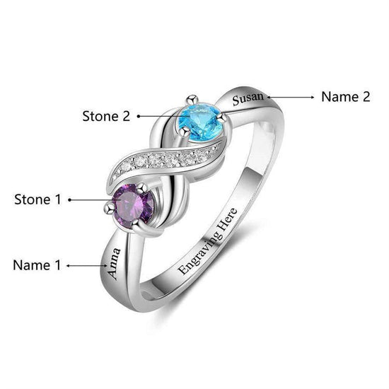 925 Sterling Silver Personalized Infinity Mothers Rings With 2 Round Simulated Birthstones - onlyone