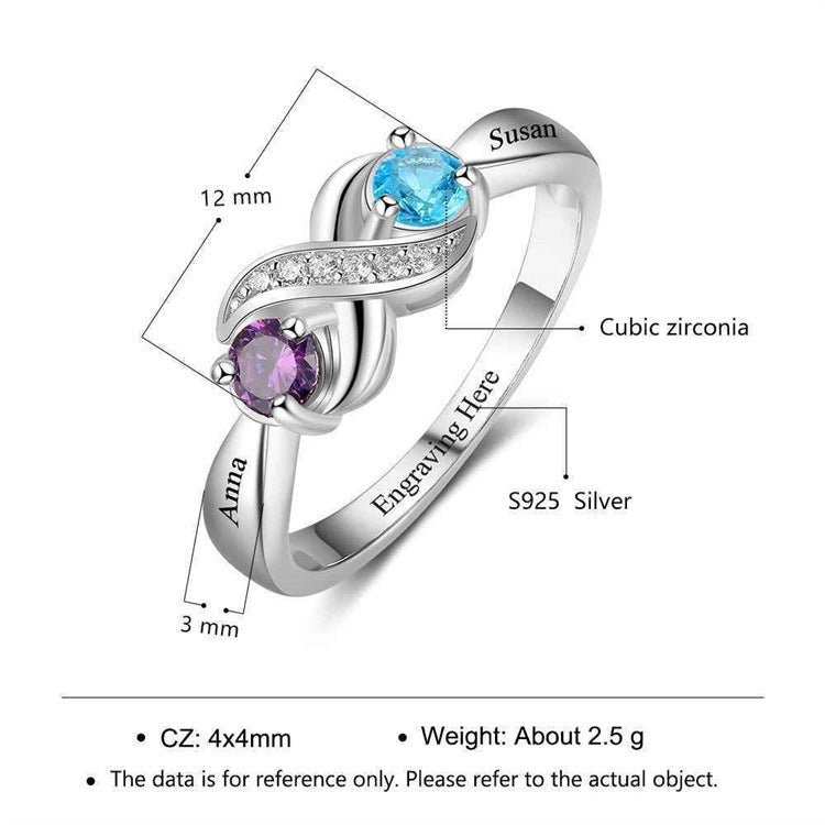 925 Sterling Silver Personalized Infinity Mothers Rings With 2 Round Simulated Birthstones - onlyone