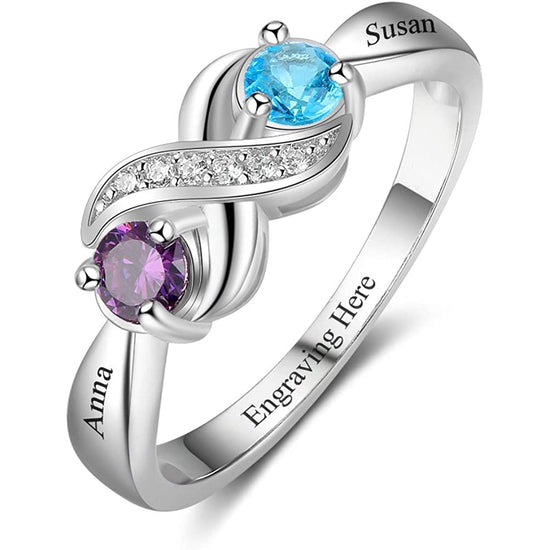 925 Sterling Silver Personalized Infinity Mothers Rings With 2 Round Simulated Birthstones - onlyone