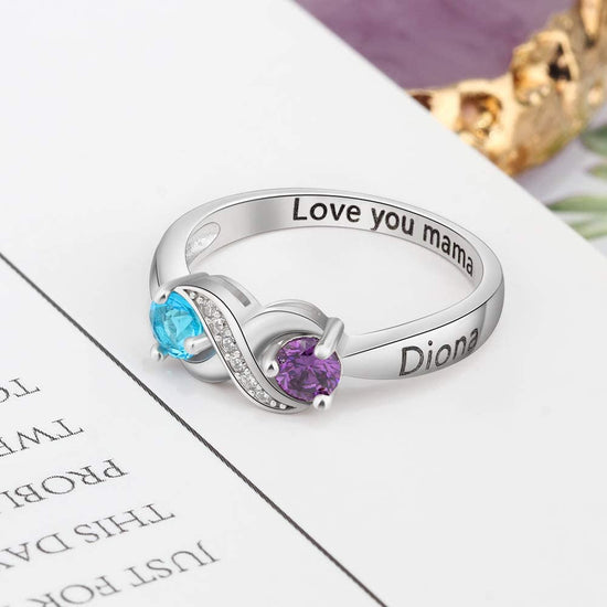 925 Sterling Silver Personalized Infinity Mothers Rings With 2 Round Simulated Birthstones - onlyone