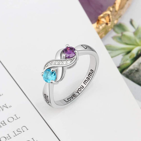 925 Sterling Silver Personalized Infinity Mothers Rings With 2 Round Simulated Birthstones - onlyone