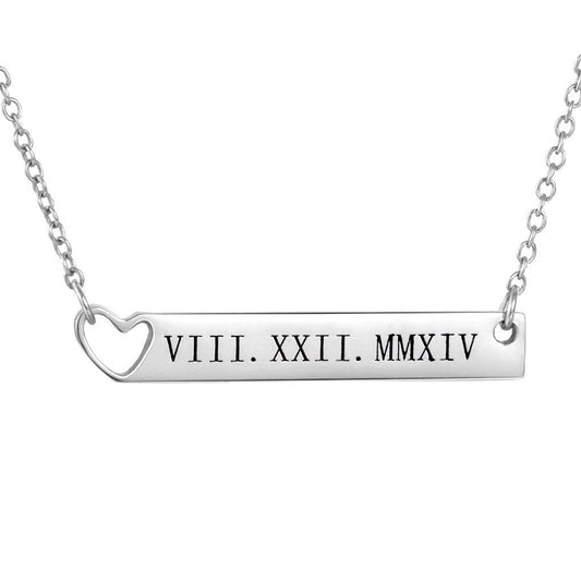 925 Sterling Silver Special Date Roman Numerals Engraved Bar Necklace With Hollow Heart - onlyone