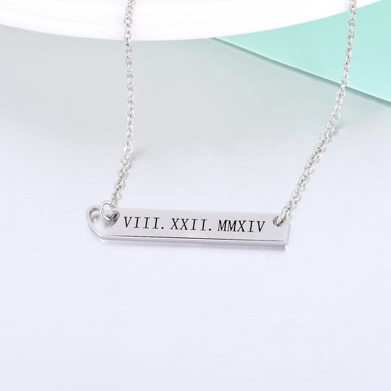 925 Sterling Silver Special Date Roman Numerals Engraved Bar Necklace With Hollow Heart - onlyone