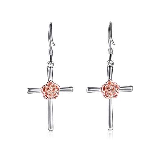 925 Sterling Silver Flower Cross Earrings