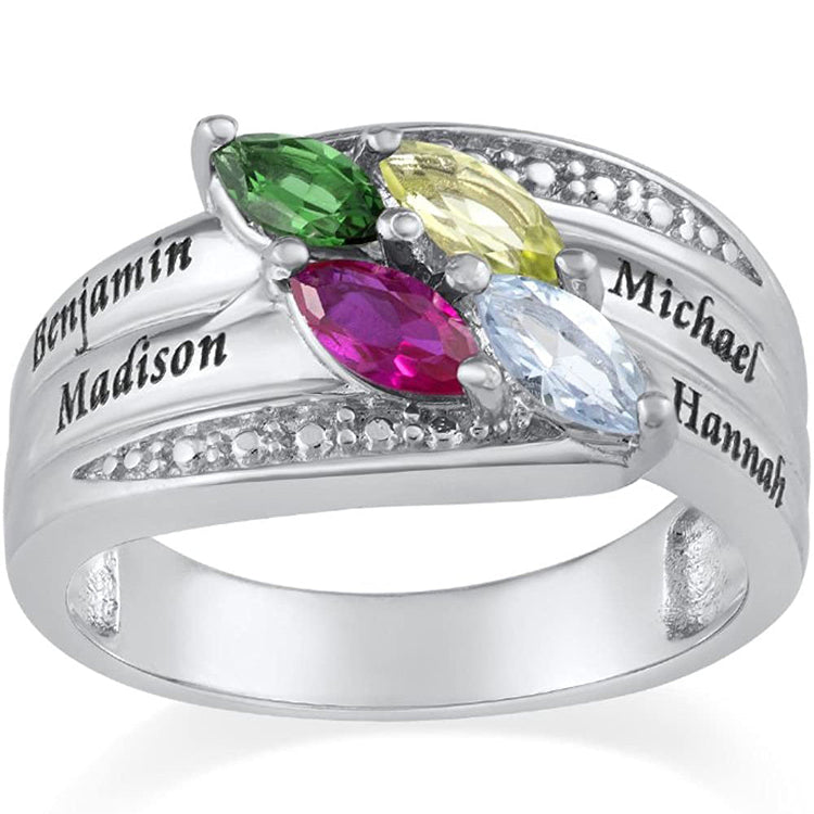 925 Sterling Silver Engraved Mothers Ring With 4 Birthstones and Names - onlyone