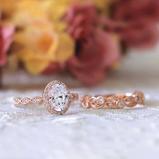 2.20 cttw Vintage Oval Halo Engagement Ring Leaf & Vine Art Deco Bridal Set Ring - onlyone