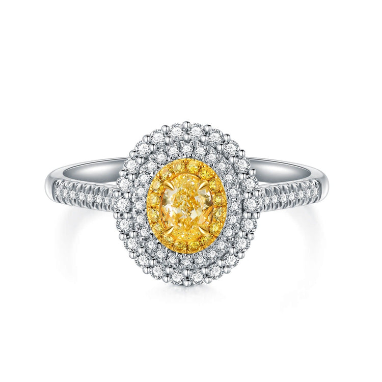 AU750 Classic Oval Halo Style Yellow Diamond Ring