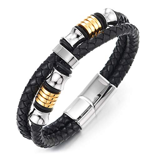 Double-Row Black Braided Mens Leather Bracelet Bangle Wristband with Stainless Steel Ornaments, Father's Day Bracelet - onlyone