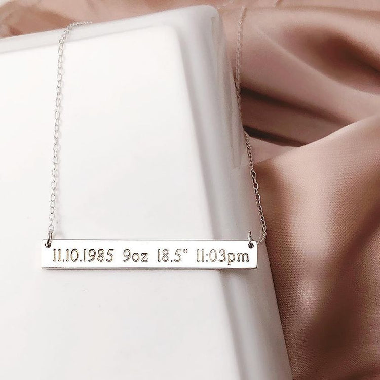 925 Sterling Silver Personalized Baby's Birth Information Bar Necklace