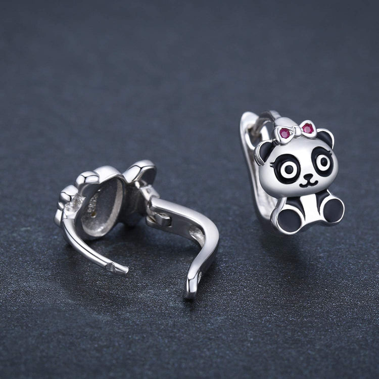 925 Sterling Silver Small Hoop Earrings Panda Beer Earrings Hinged Huggie Earrings - onlyone