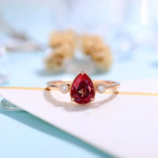 Vintage Garnet Engagement Ring Women Pear shaped Bridal Jewelry Milgrain Diamond Ring Unique Anniversary Gift for Her - onlyone