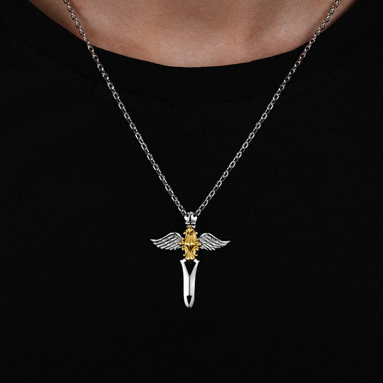 925 Sterling Silver Sword And Angel Wing Cross Necklace, Father's Day Gift - onlyone