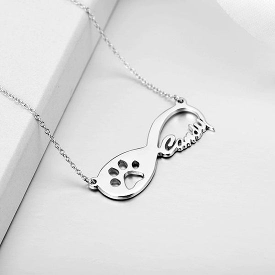 925 Sterling Silver Infinity Dog Pawprint Name Necklace Nameplate Necklace - onlyone