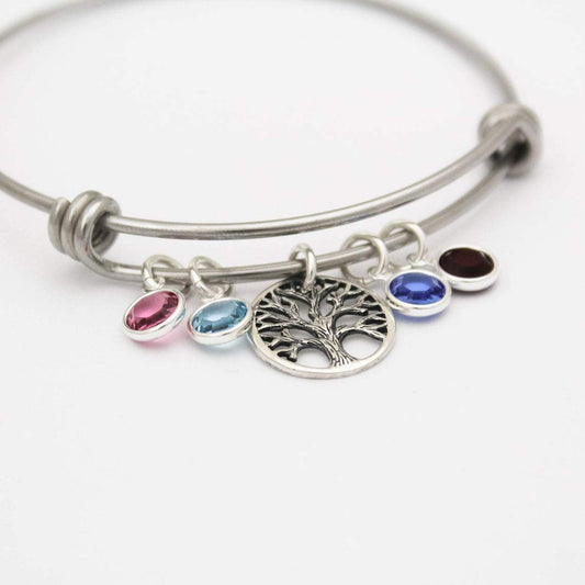 925 Sterling Silver Tree of Life Bangle with Birthstone Charms