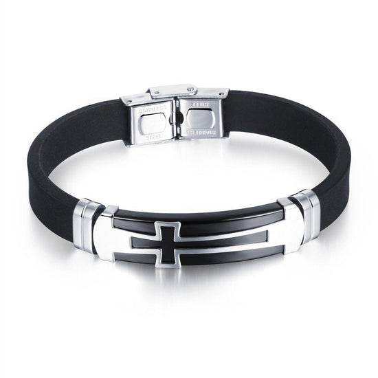 Men Punk Stainless Steel Cross Silicone Leather Bracelet Bangle Wristband Gift For Dad - onlyone