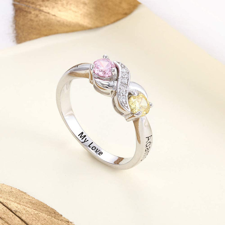 925 Sterling Silver Personalized Infinity Rings With 2 Round Simulated Birthstones