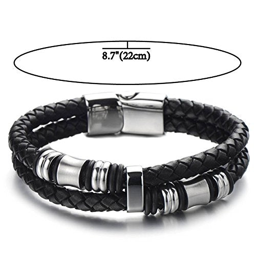 Double-Row Black Braided Mens Leather Bracelet Bangle Wristband with Stainless Steel Ornaments, Father's Day Bracelet - onlyone