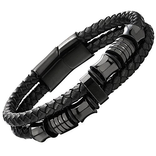 Double-Row Black Braided Mens Leather Bracelet Bangle Wristband with Stainless Steel Ornaments, Father's Day Bracelet - onlyone