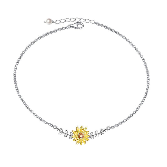 925 Sterling Silver Sunflower Anklet With Zirconia and Pearl - onlyone