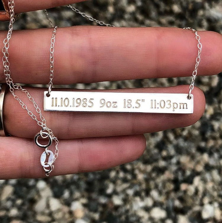 925 Sterling Silver Personalized Baby's Birth Information Bar Necklace