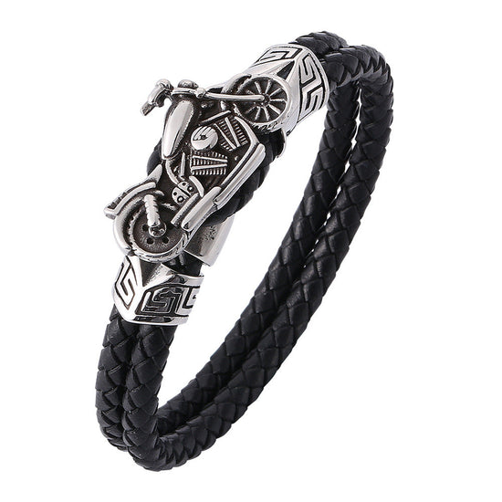 Mens Leather Bracelet With Stainless Steel Motorbike, Father's Day Bracelet - onlyone