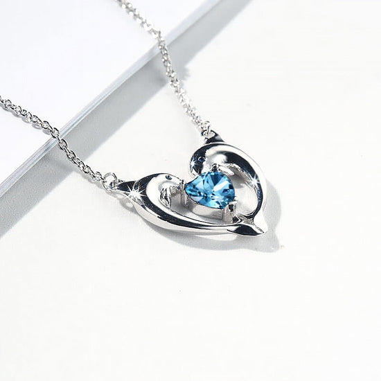 925 Sterling Silver Blue Crystal Dolphin Heart Necklace - onlyone