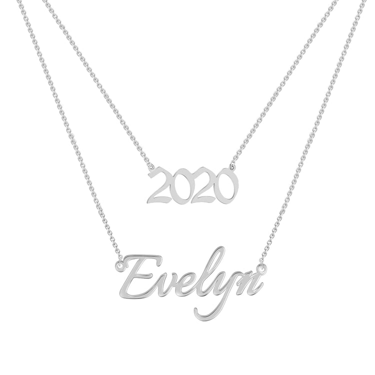 925 Sterling Silver Name And Year Double Layers Necklace - onlyone