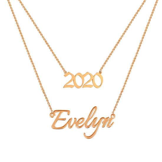 925 Sterling Silver Name And Year Double Layers Necklace - onlyone