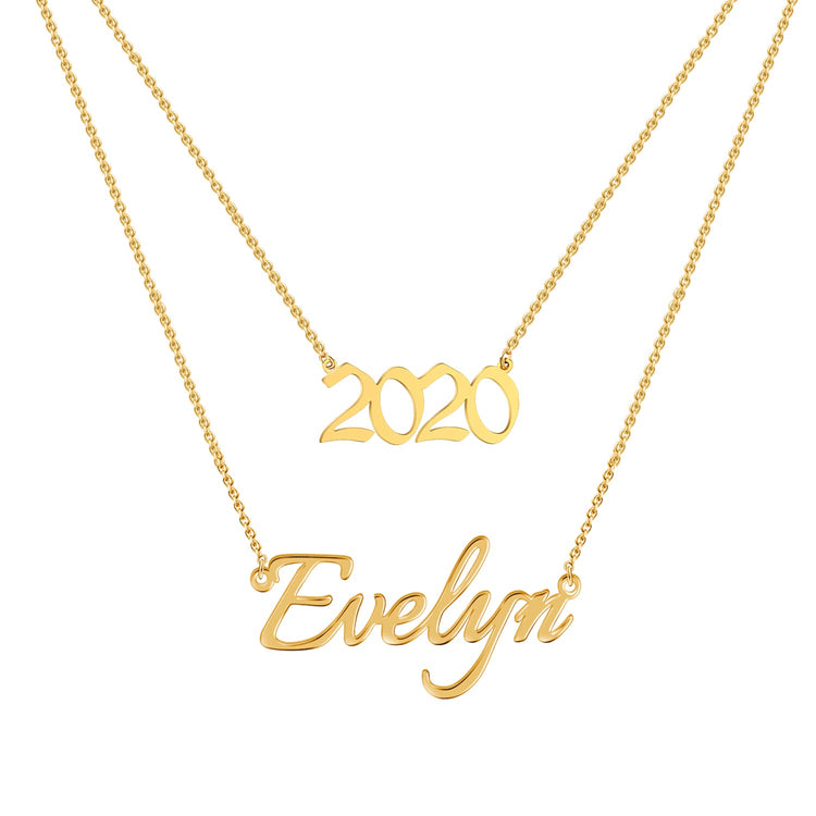 925 Sterling Silver Name And Year Double Layers Necklace - onlyone