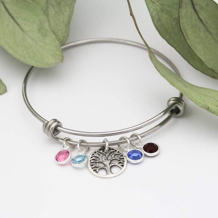 925 Sterling Silver Tree of Life Bangle with Birthstone Charms